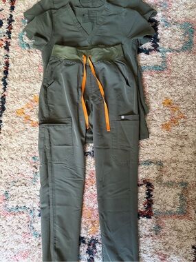 Figs Olive Green Scrub Set with Orange Drawstring- 2 tops & 1 pants